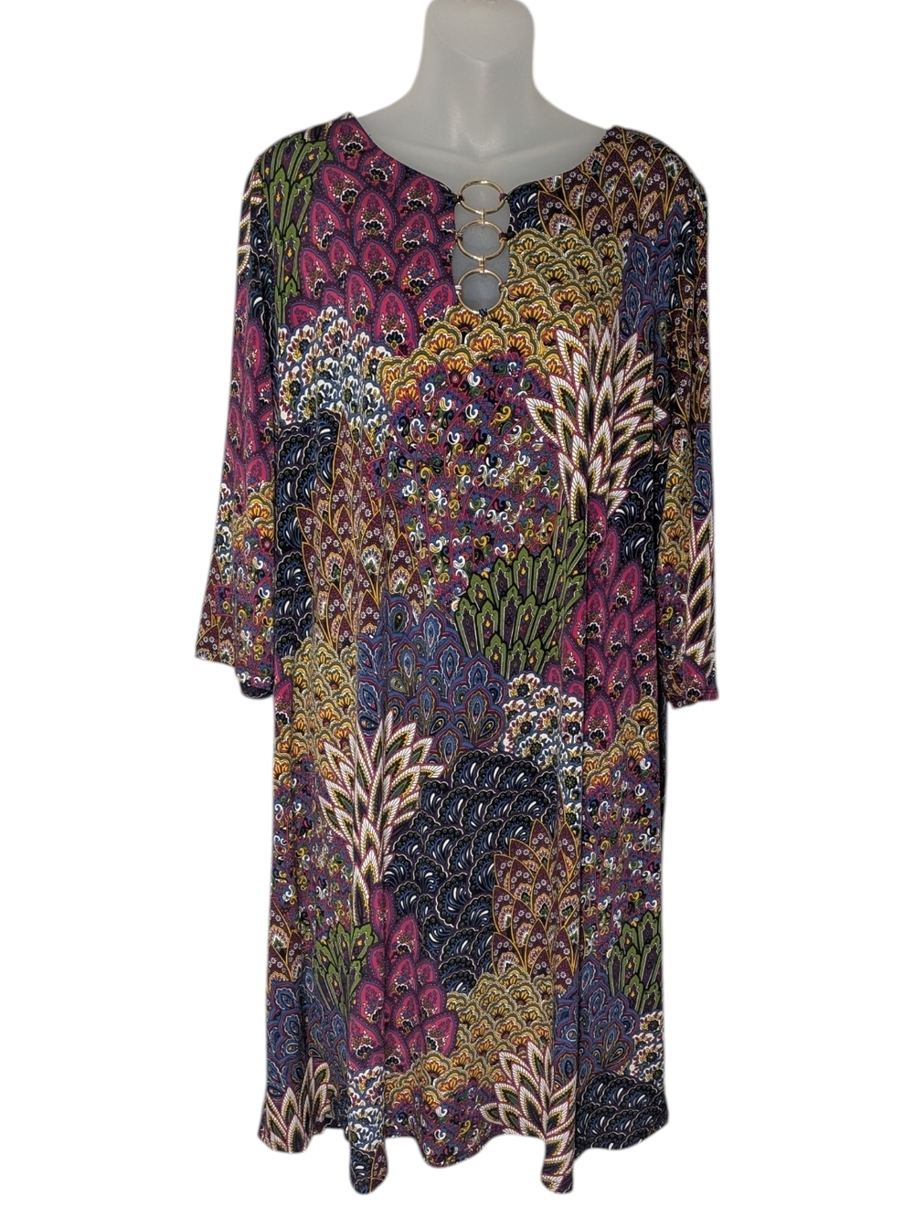 MSK 2XL 3/4 Sleeve Multicolor Floral Paisley Ring-Neck Shift Dress Festival